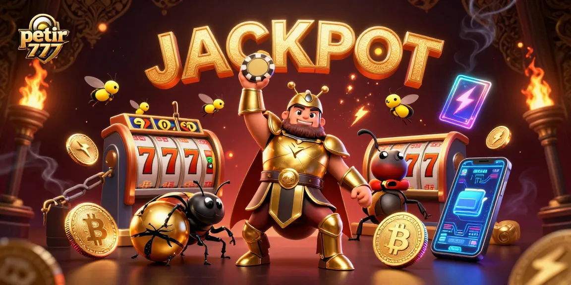 Win big with petir 777's exciting casino scene featuring vibrant slot elements and dynamic characters.