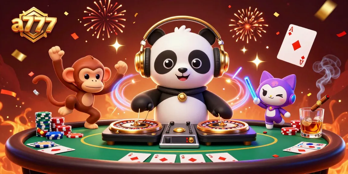 a7777 menghidupkan suasana kasino dengan panda DJ, monyet breakdance, dan anak kucing rave yang bermain kartu