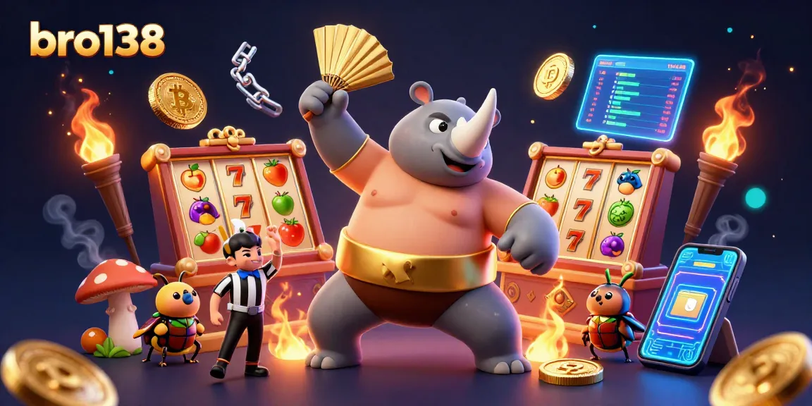 Experience thrilling gameplay at bro138 with a vibrant scene of a rhinoceros beetle sumo champion and slot machines in action.
