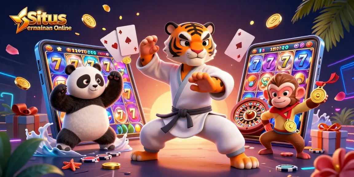 Situs Permainan Online featuring vibrant 3D illustration with kung fu characters, slot machines, and casino elements