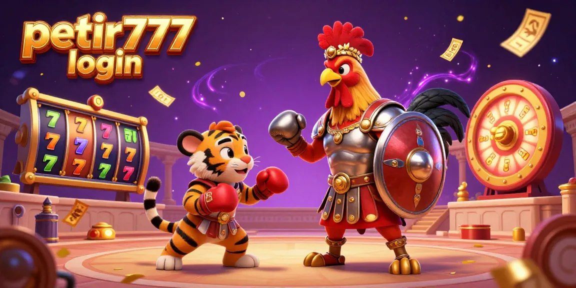 Experience the thrill of gambling with petir777 login, featuring a gladiator rooster amidst vibrant casino elements.