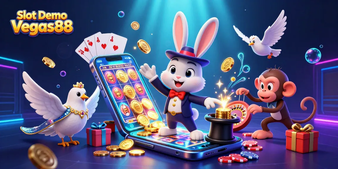 Engage in the Slot Demo Vegas88 action with a vibrant, colorful 3D illustration highlighting gaming excitement.