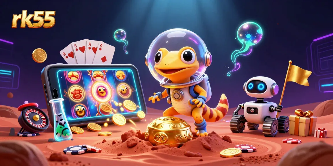 rk55 menghadirkan gecko Martian beruang helm bubble menjelajahi kasino emas yang dikelilingi elemen judi yang menarik.