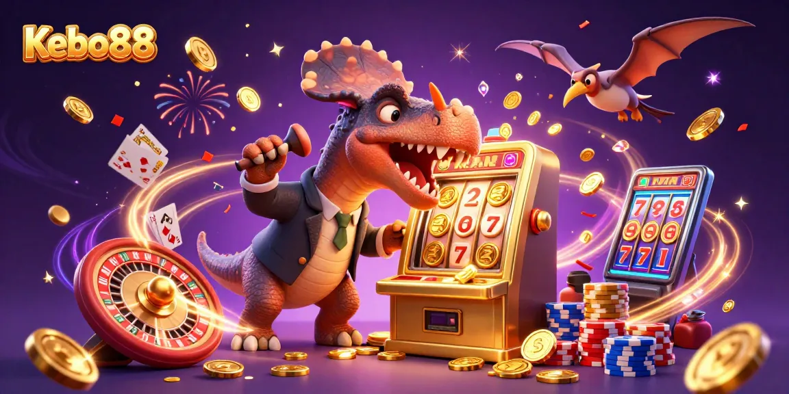 Permainan slot Kebo88 dengan dinosaurus 3D merayakan jackpot emas dan manajer kasino yang panik.