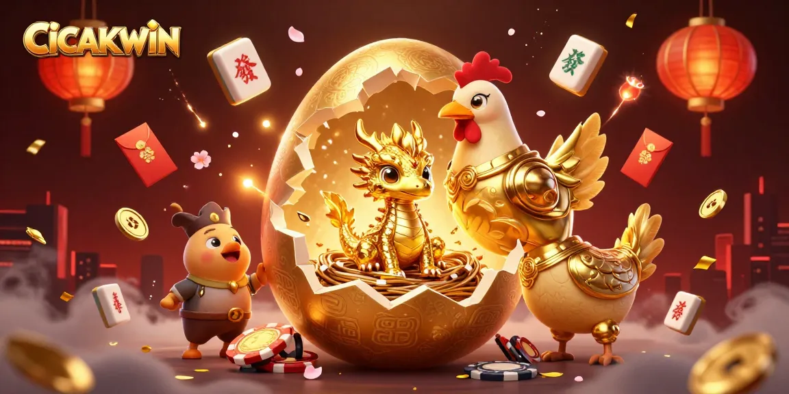 CICAKWIN showcases a golden baby dragon on poker chips, surrounded by festive gaming elements and vibrant decorations.