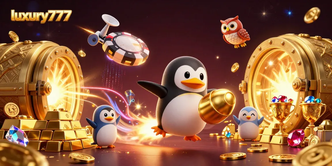 Play thrilling games with luxury777, witnessing a penguin powering through a vibrant casino universe.