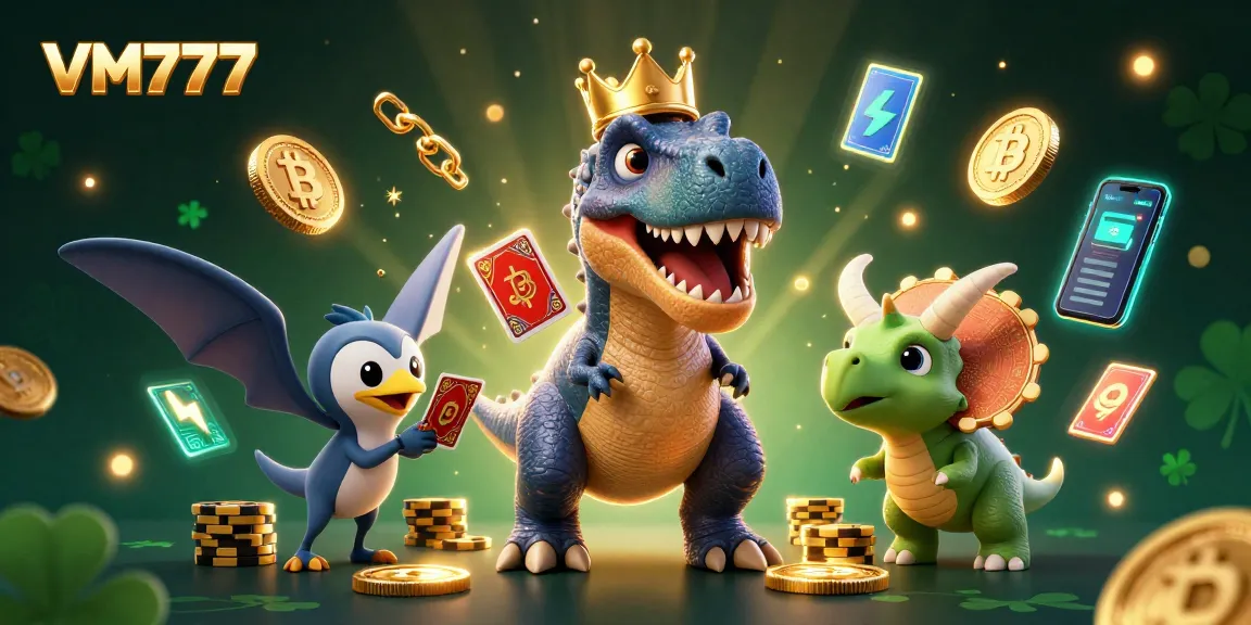 Experience the thrill of VM777 with a 3D cartoon scene featuring playful dinosaurs enjoying casino games.