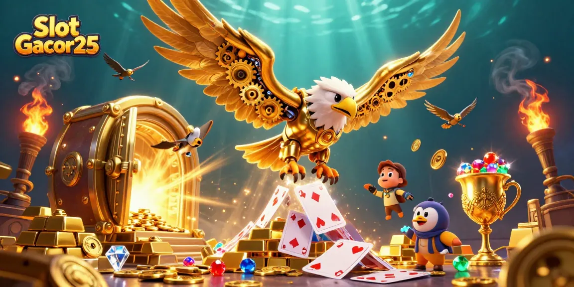 Menyaksikan Slot Gacor25 dengan elang emas cybernetik di tengah tumpukan harta karun dan kartu bermain holografik yang berkilau.