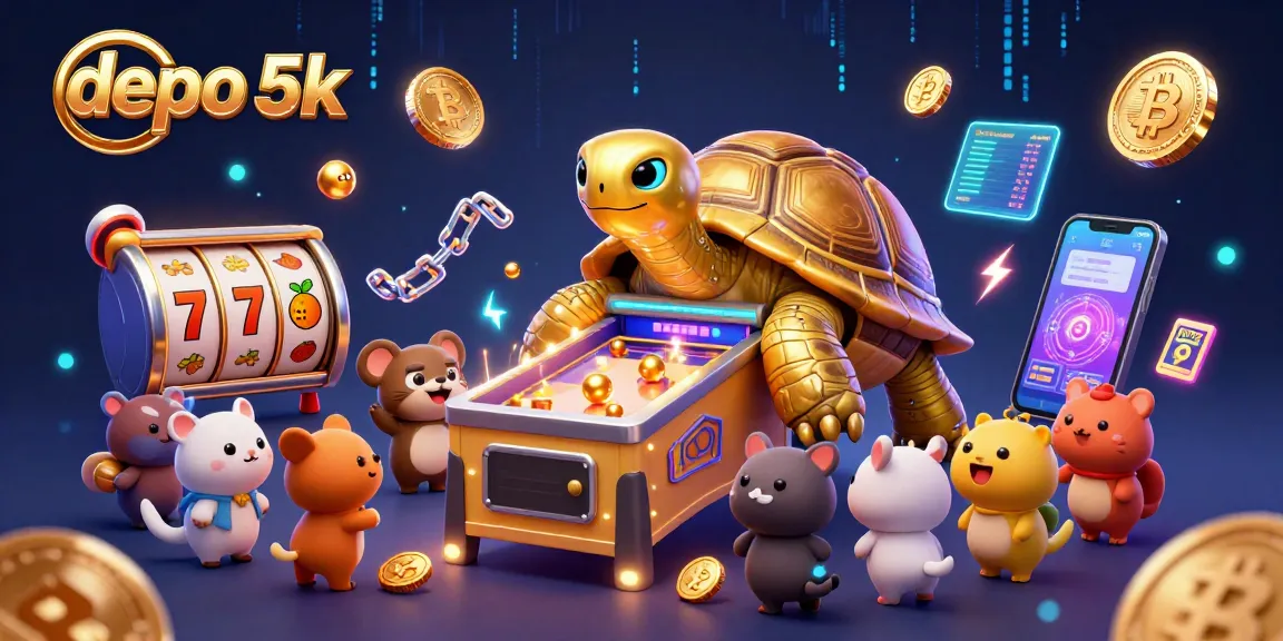 Play exciting slot games with depo 5k at vibrant, animated casino scene featuring colorful characters.