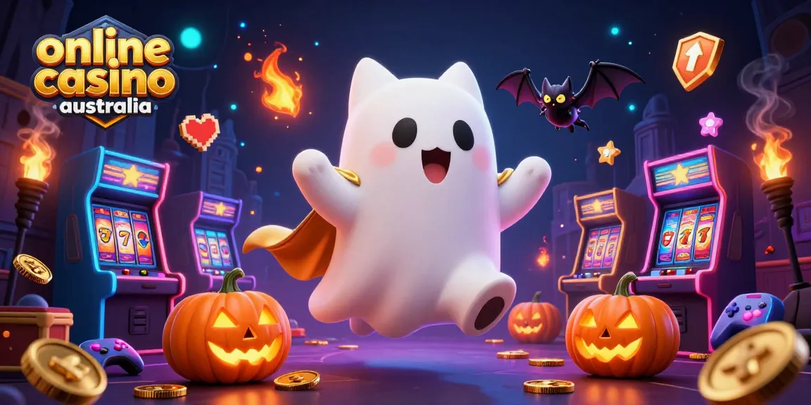 Experience the thrill of online casino Australia with a ghost cat and vibrant elements in a magical setting.