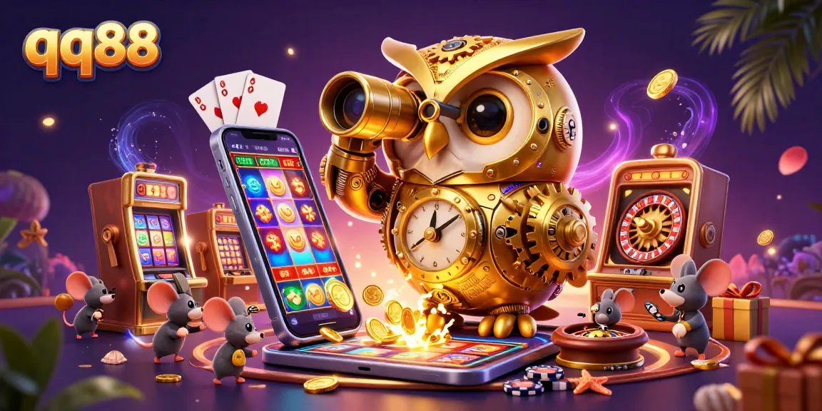 Explore thrilling moments at qq88 casino with a golden owl overseeing dynamic gaming action.
