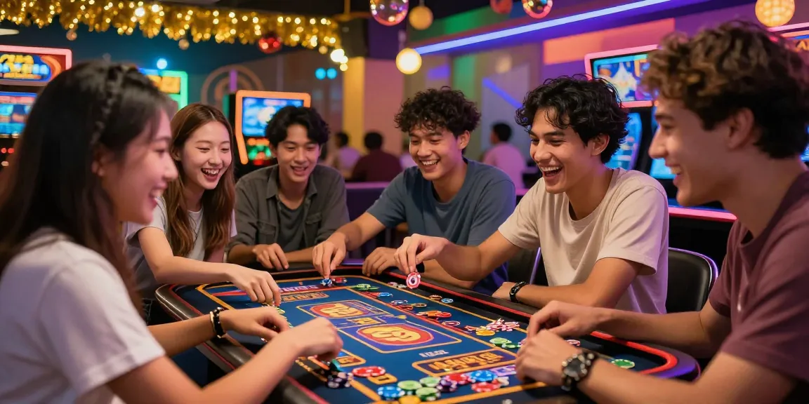 Kelompok teman sedang bermain slot gacor dengan semangat dan atmosfer meriah.