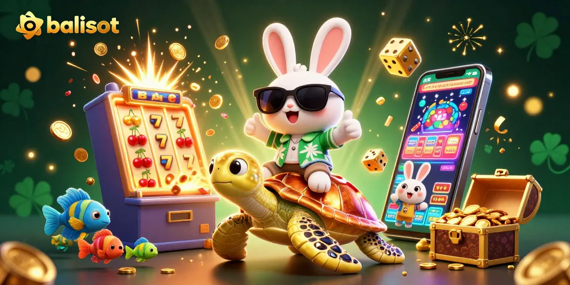 Menghentak jackpot dengan balislot, kelinci bertuah dan kura-kura emas berkilau dikelilingi elemen permainan slot.
