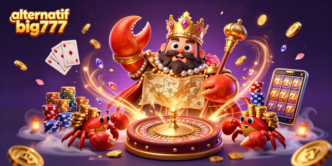 Spin the reels of alternatif big777 as a golden crab emperor leads a treasure hunt in this vibrant casino illustration.