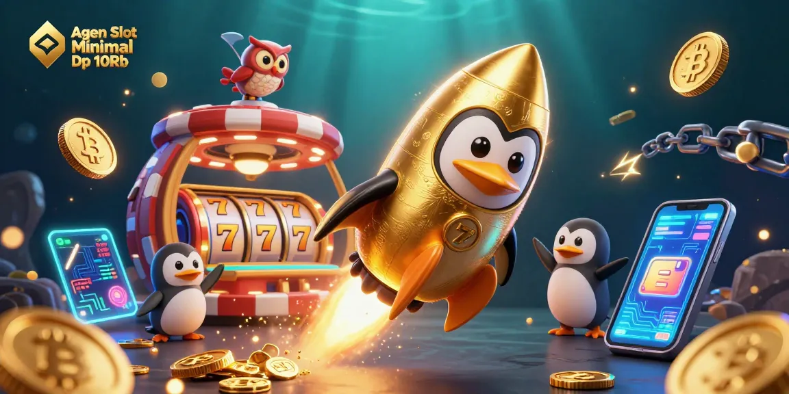 Agen Slot Minimal Dp 10Rb highlights slot gaming action with a golden penguin and rich casino elements.