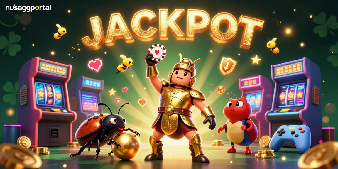Engage with the thrilling world of nusaggportal, showcasing a victorious beetle lifting chips amidst slots.