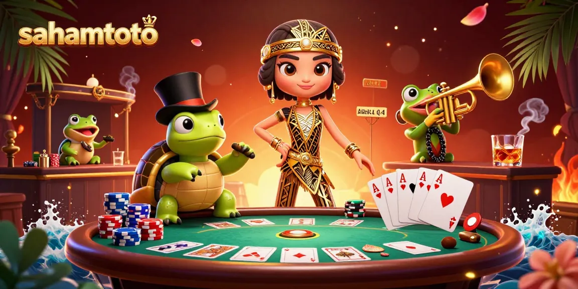 Menang besar di sahamtoto dengan suasana meriah kasino, penuh elemen menarik dan karakter unik.