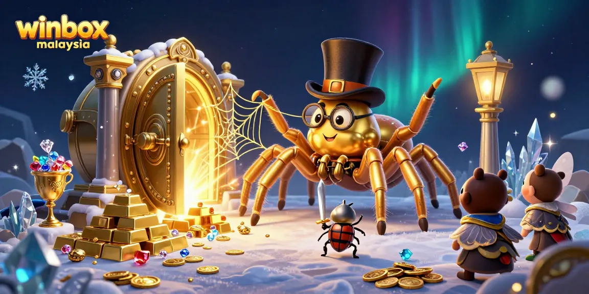 Experience the excitement of winbox malaysia with a 3D illustrated scene of vibrant casino elements and characters.