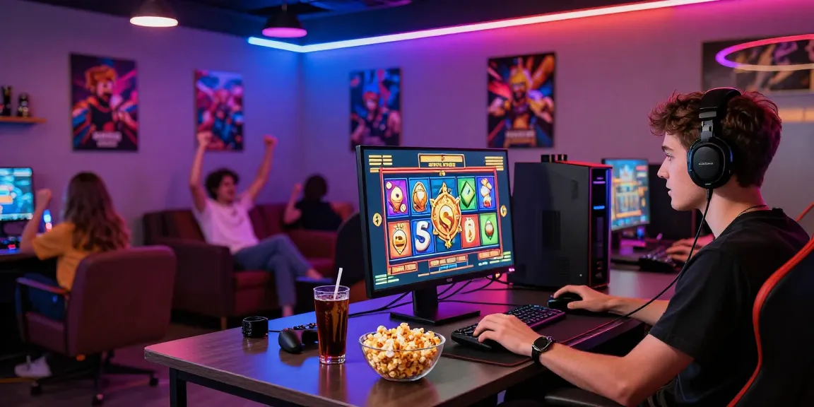 Exciting gaming lounge with friends enjoying slot online game on a vibrant monitor.