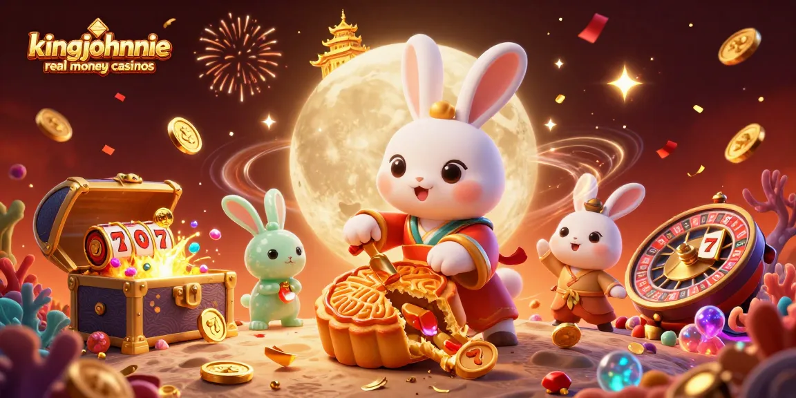 Experience kingjohnnie real money casinos with a vibrant scene of a moon rabbit and thrilling gaming elements.