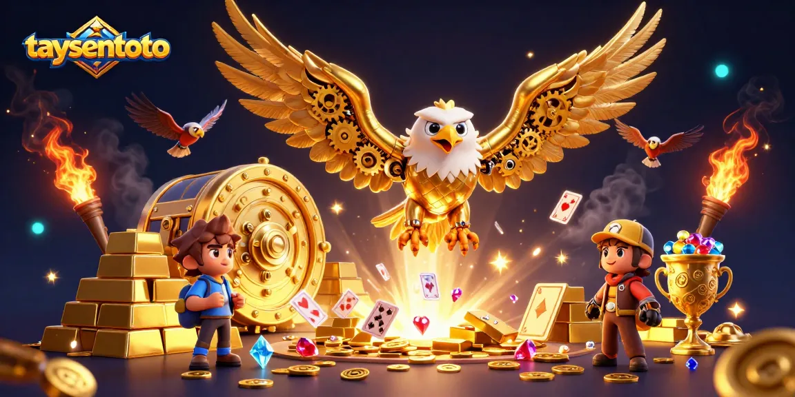Mainkan slot di taysentoto dengan ilustrasi burung elang emas cybernetic yang terbang melalui kartu remi holografik.
