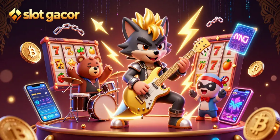 Momen seru bermain slot gacor dengan karakter 3D penuh warna, simbol slot, dan efek permainan yang memikat