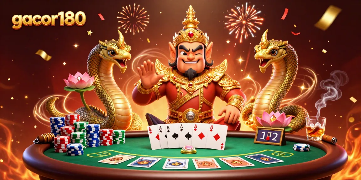 Menangkan permainan di gacor180 dengan ilustrasi casino yang penuh warna dan simbol kemenangan.