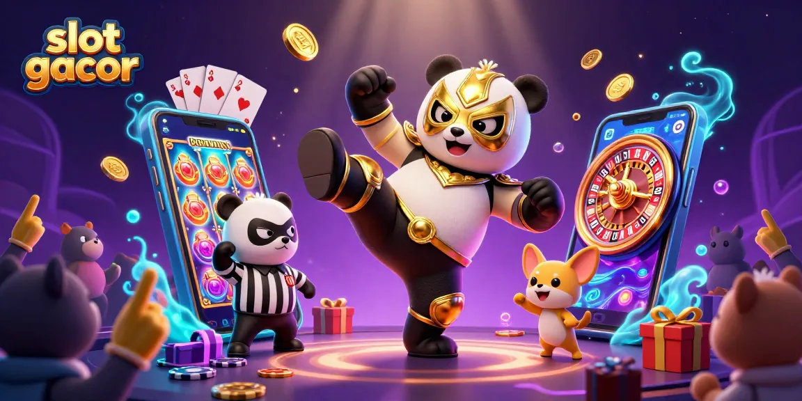 Slot gacor memperlihatkan panda pegulat melayang di udara dengan suasana kasino yang meriah.