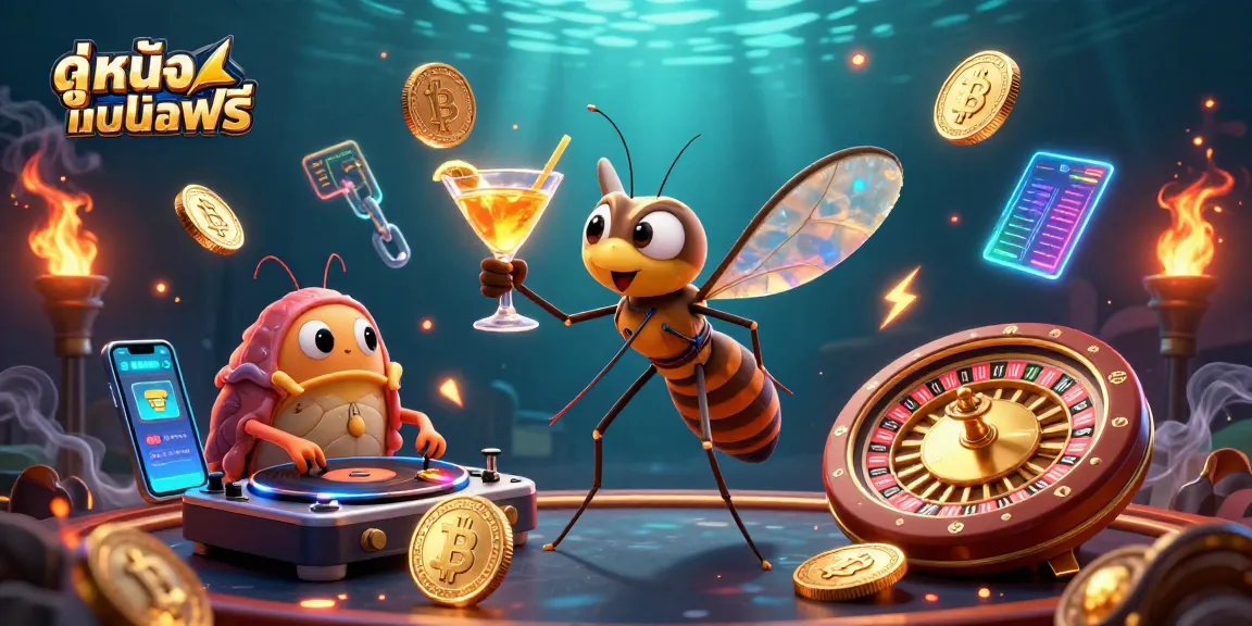 Experience ดูหนังออนไลน์ฟรี with a lively casino scene featuring vibrant characters and digital coins.