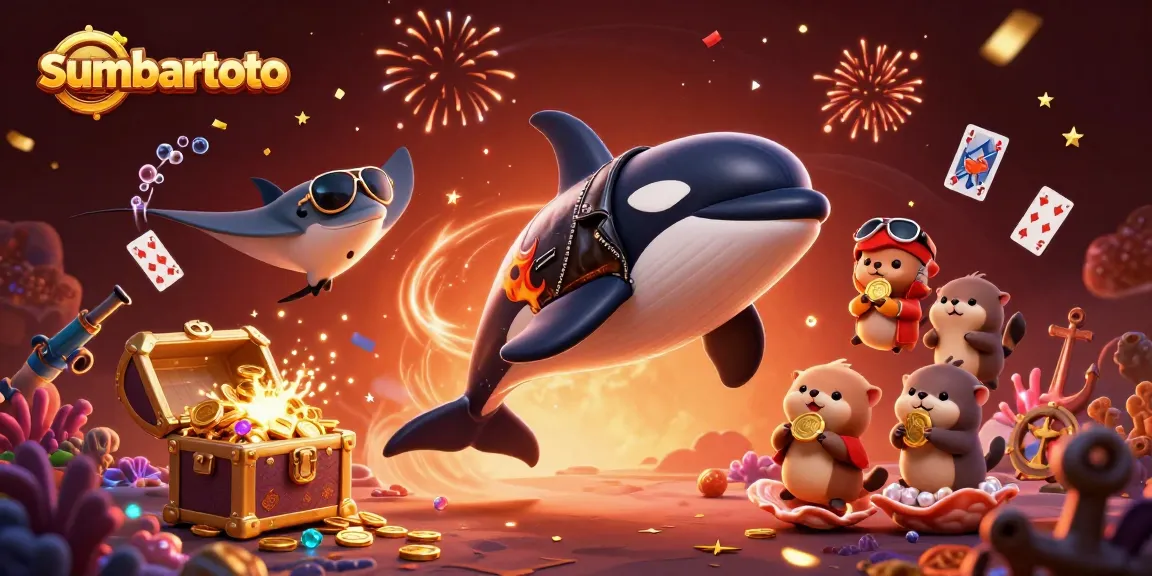 Bocoran game di sumbartoto, 3D orca dengan jaket kulit dan ikan pari, memberi informasi kemenangannya.