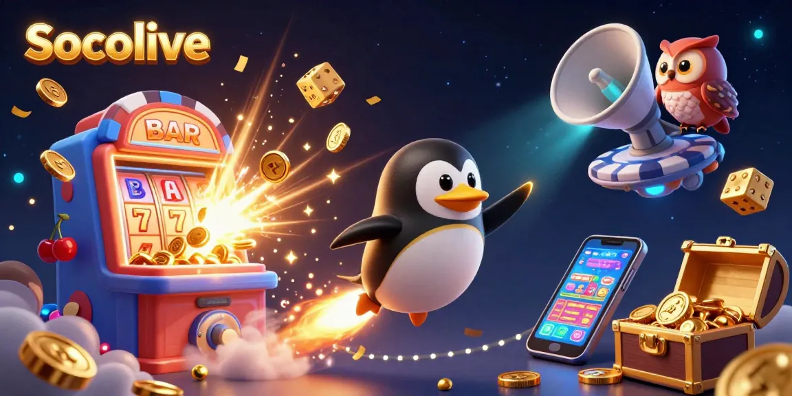 Socolive offers an exciting space adventure with a golden penguin flying toward a casino shaped like a poker chip.