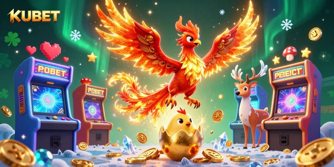 Taruhan KUBET dengan Phoenix menyala dan anak phoenix dari telur emas, dikelilingi elemen permainan kasino
