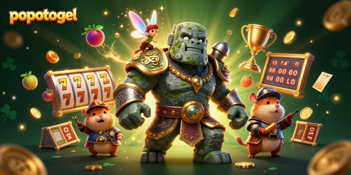 Experience the excitement of popotogel with enchanting characters and vibrant slot elements in a 3D casino scene.