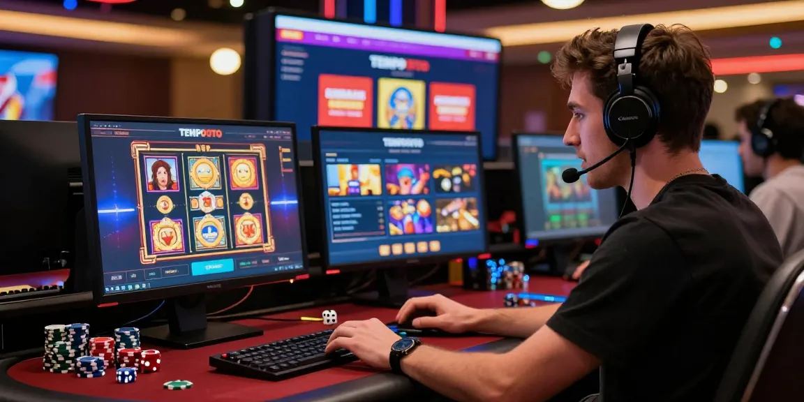 Enthusiastic player engaging with tempototo online casino, showcasing vibrant slot games and gaming setup.