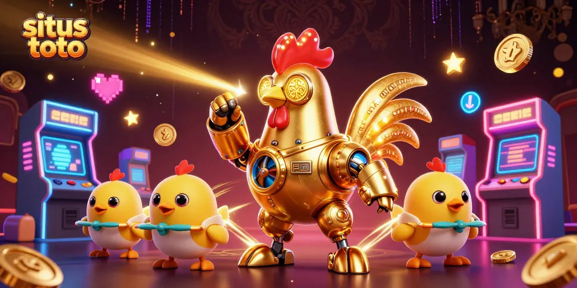 Menangkan hadiah dalam situs toto dengan robot ayam emas futuristik dan mesin permainan arcade.