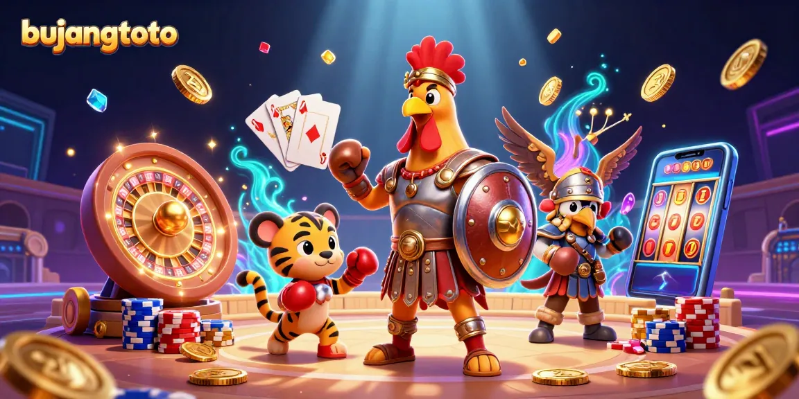 Menghadirkan bujangtoto, ayam jantan gladiator dan harimau cub beraksi dalam arena kasino.