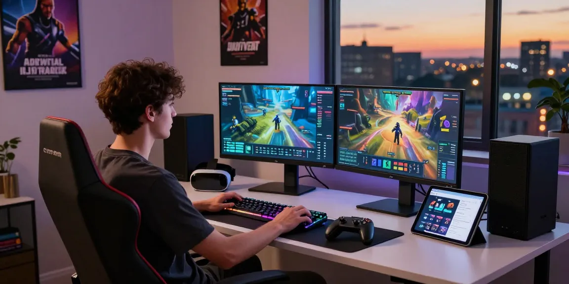 Platform permainan virtual di https://predictplay.io/ dengan gamer di meja modern, dua monitor dan headset VR.